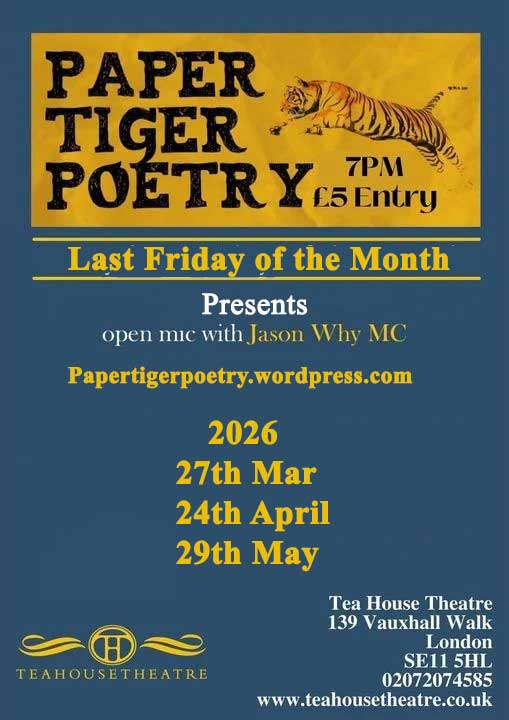 Events Paper Tiger PoetryAn Evening of Laughter, Poetry & ComedyA warm, joyful night where words take centre stage and everyone’s invited.Open mic, open hearts, open laughter — whether you’re a seasoned performer or stepping up for the first time, we’d love to hear your voice.Bring your poems, your jokes, your stories, and your smile.Everyone welcome.